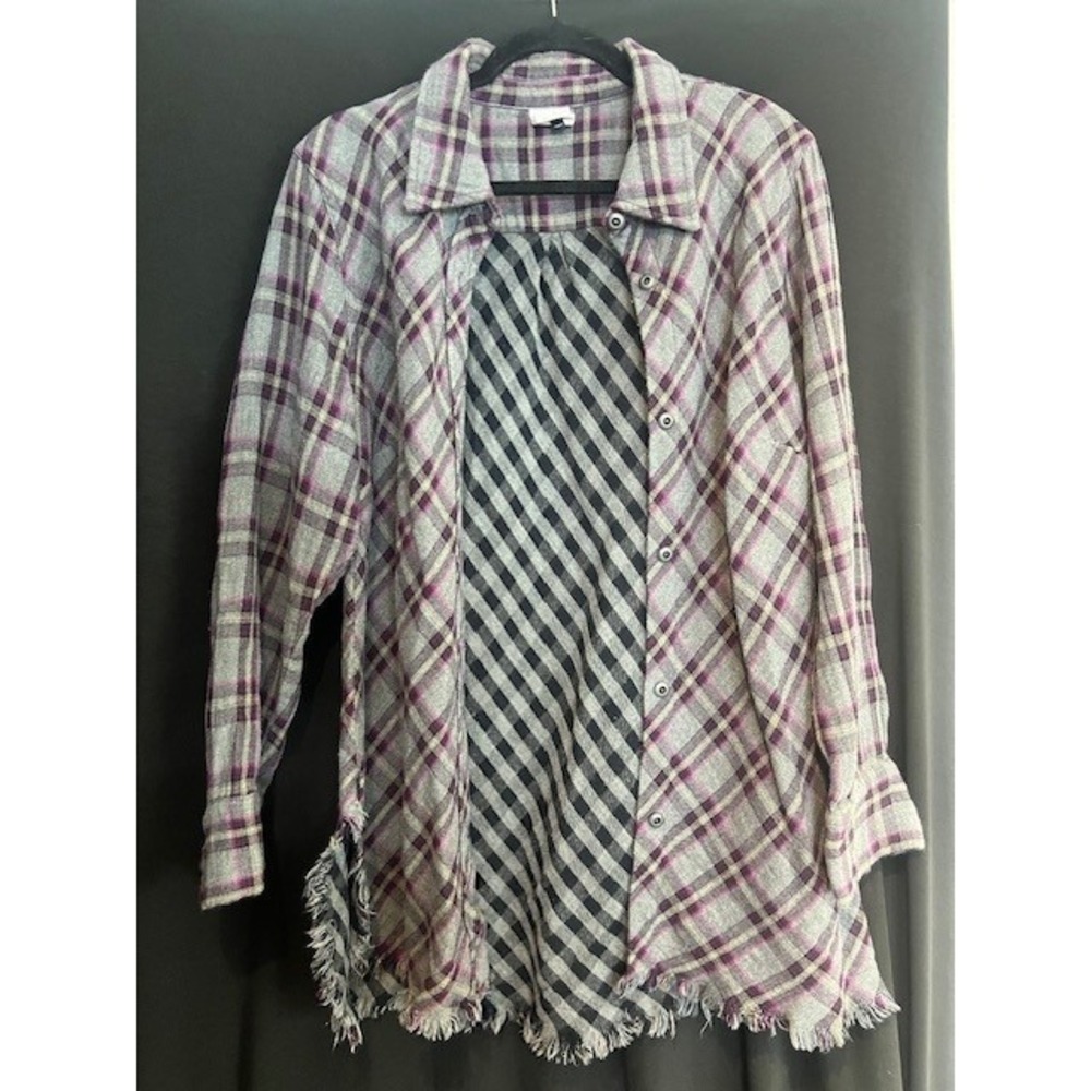 Cabi Highland Flannel Shirt Women's Large Plaid Purple Gray Western Raw Hem